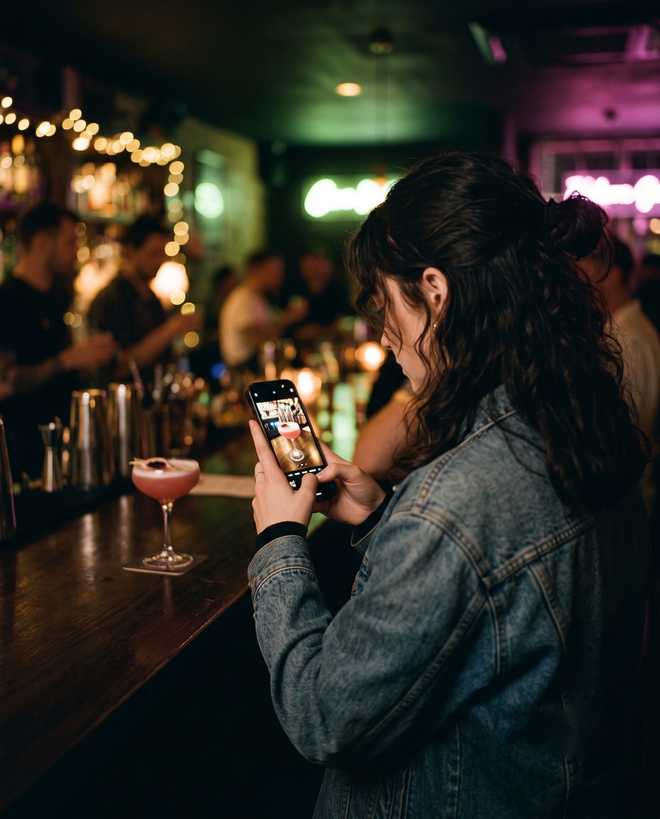 A creator filming a cocktail on their phone in a bar