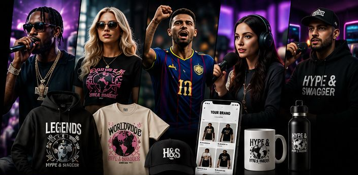 Creators wearing their own Hype & Swagger merch — tees, hoodies, mugs and bottles