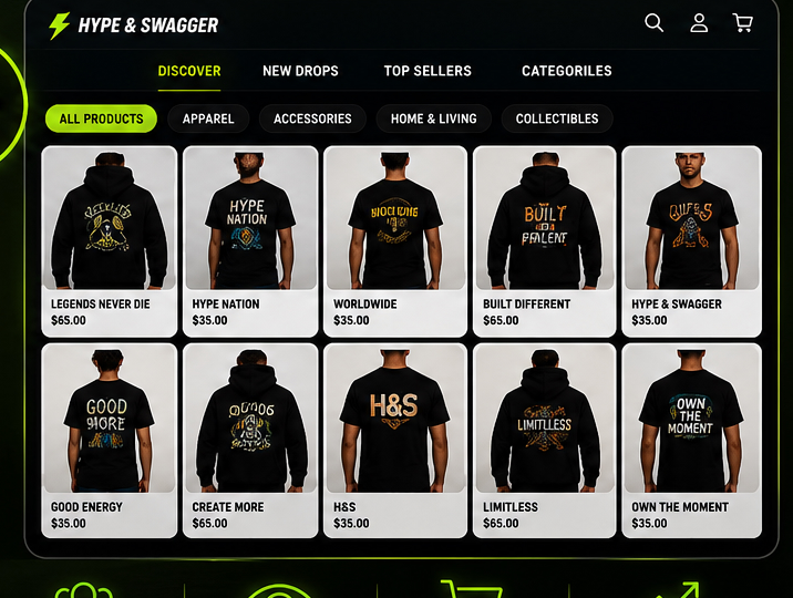 The Hype & Swagger marketplace — a grid of creator products