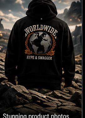 A studio-grade product photo of a Worldwide hoodie