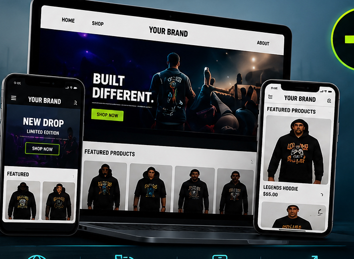 A creator's branded Trender store on laptop and phones — Built Different, New Drop, Featured Products